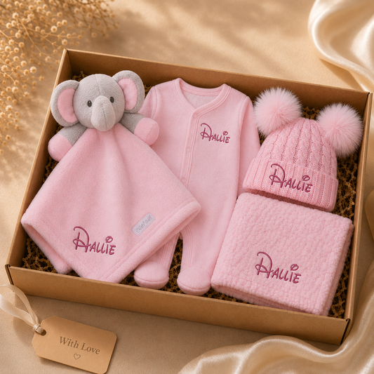 Personalised Pink Elephant Baby Gift Box | Babygrow, Hat, Blanket & Comforter PREORDER