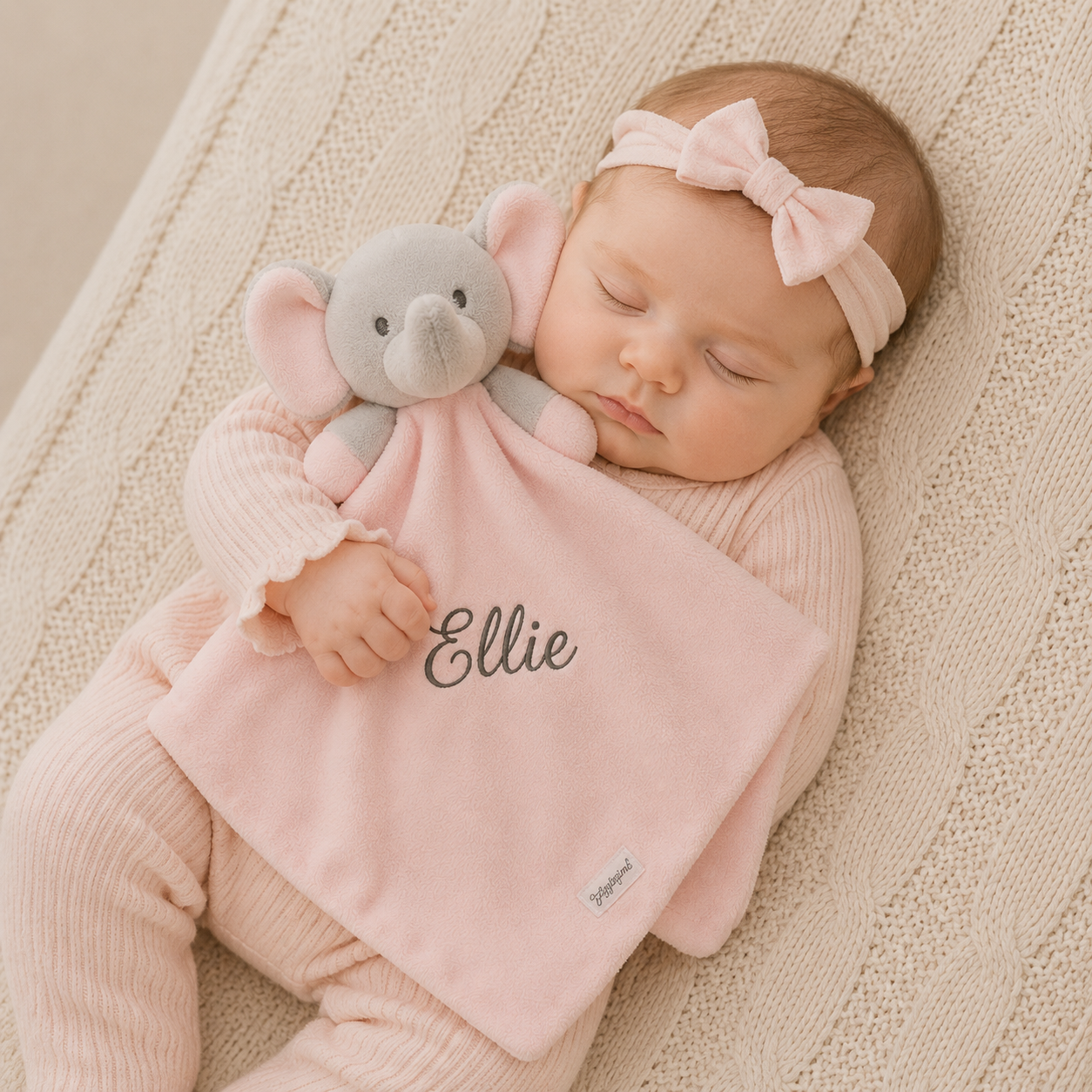 A sleeping newborn baby wearing a light pink ribbed footed sleeper and matching bow headband, holding a pink comforter with the name 'Ellie' embroidered on it and a gray plush elephant toy, lying on a cream textured blanket.