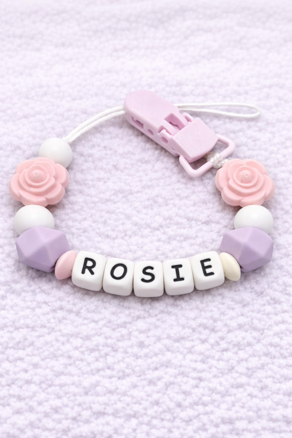 Personalised Pink & Lilac Rose Flower Dummy Clip (Silicone Letter Design)