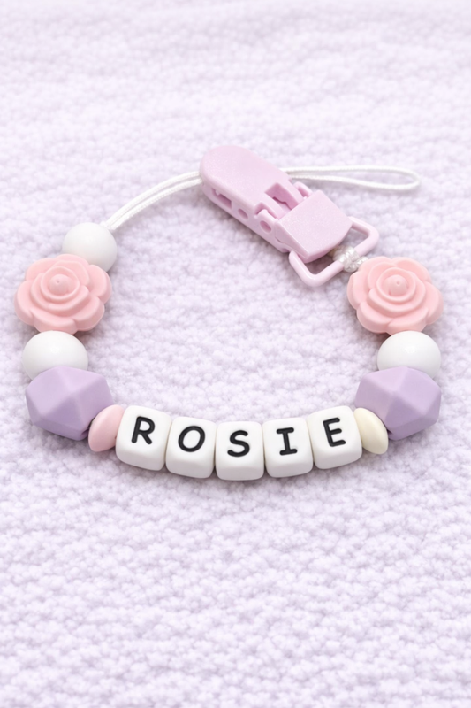 Personalised Pink & Lilac Rose Flower Dummy Clip (Silicone Letter Design)