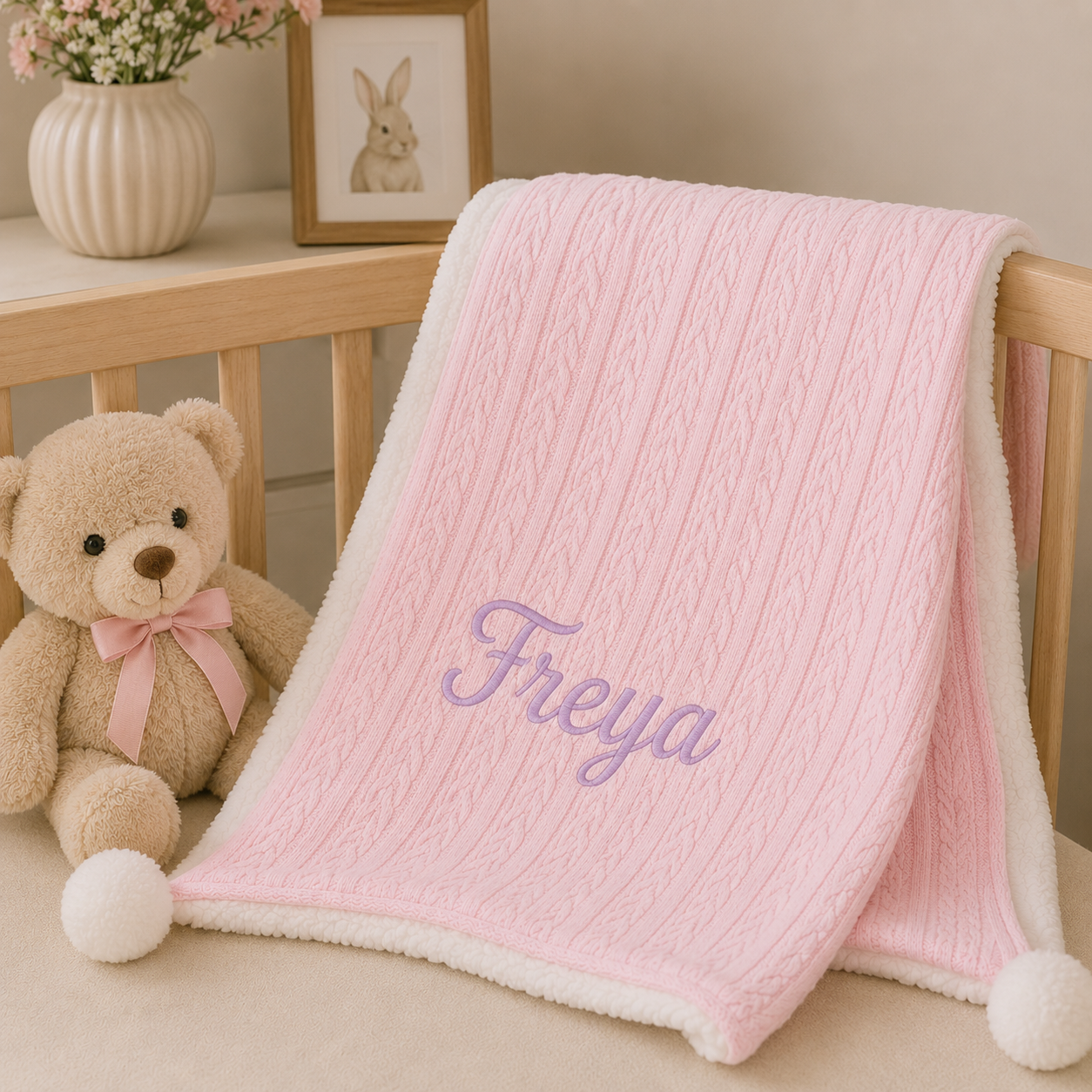 A pink cable-knit baby blanket with a white sherpa lining and the name 'Freya' embroidered in purple, draped over a wooden crib next to a teddy bear.