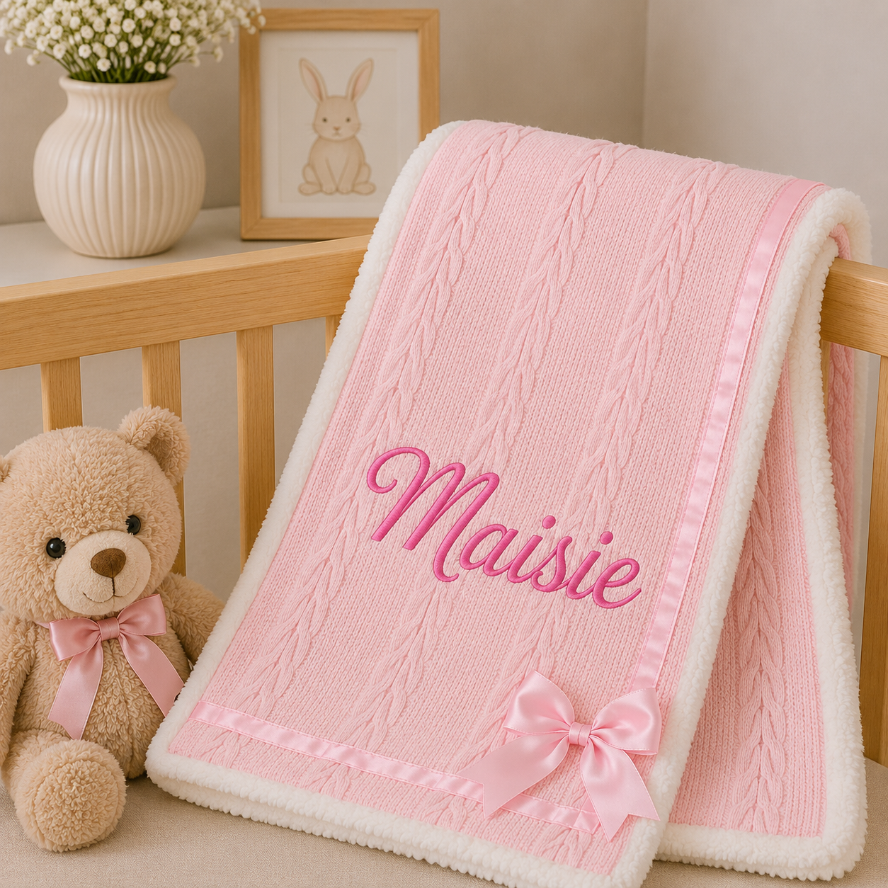 A pink knitted baby blanket with white sherpa trim, featuring the name 'Maisie' embroidered in pink script and a matching pink bow, styled next to a teddy bear and a wooden crib.