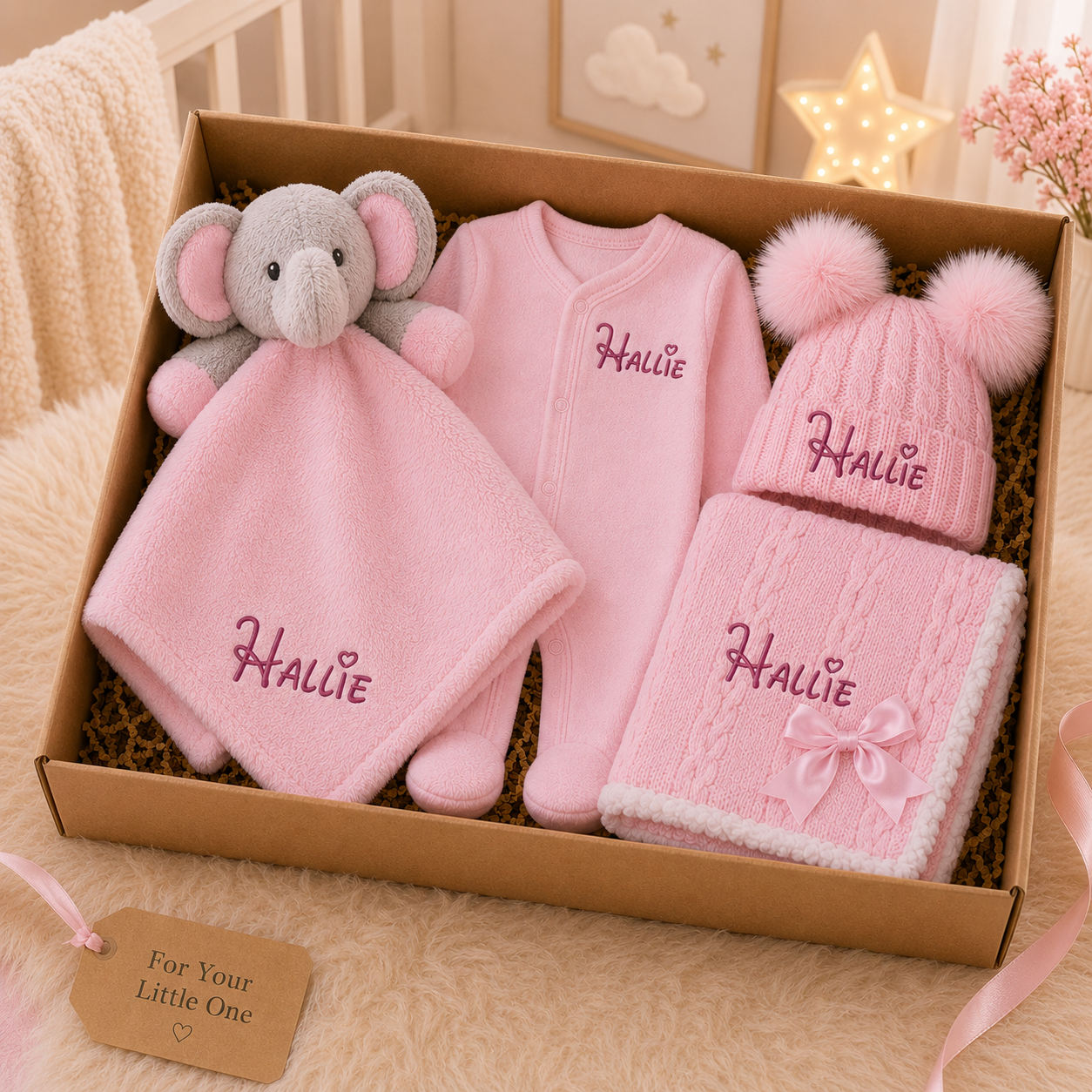 Baby gift set with pink items including a blanket, outfit, and hat, all personalized with 'Halle'.