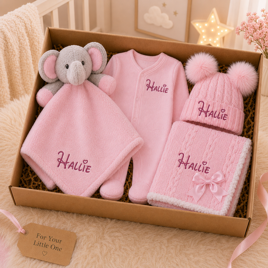 Baby gift set with pink items including a blanket, outfit, and hat, all personalized with 'Halle'.