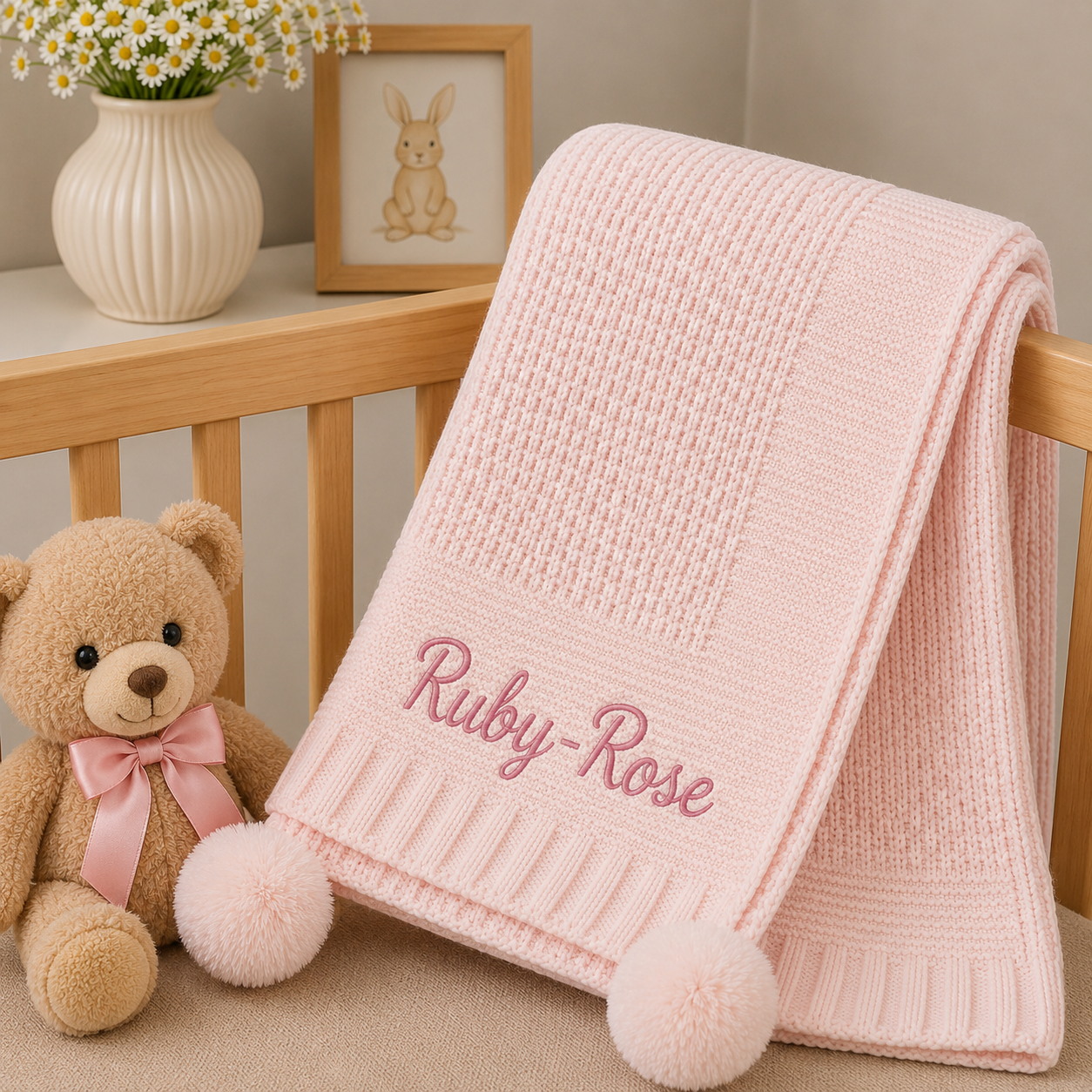 A light pink knitted baby blanket with 'Ruby-Rose' embroidered on it, draped over a wooden crib next to a teddy bear and a vase of daisies.