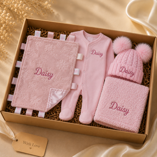 Pink baby gift set with 'Daisy' embroidered on various items, including a onesie, blanket, and hat, in a box.