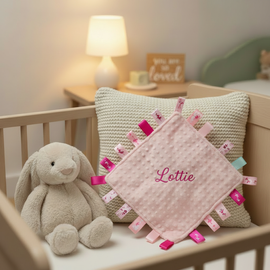 Personalised pink taggy comforter with Lottie embroidered in fuchsia thread nursery lifestyle