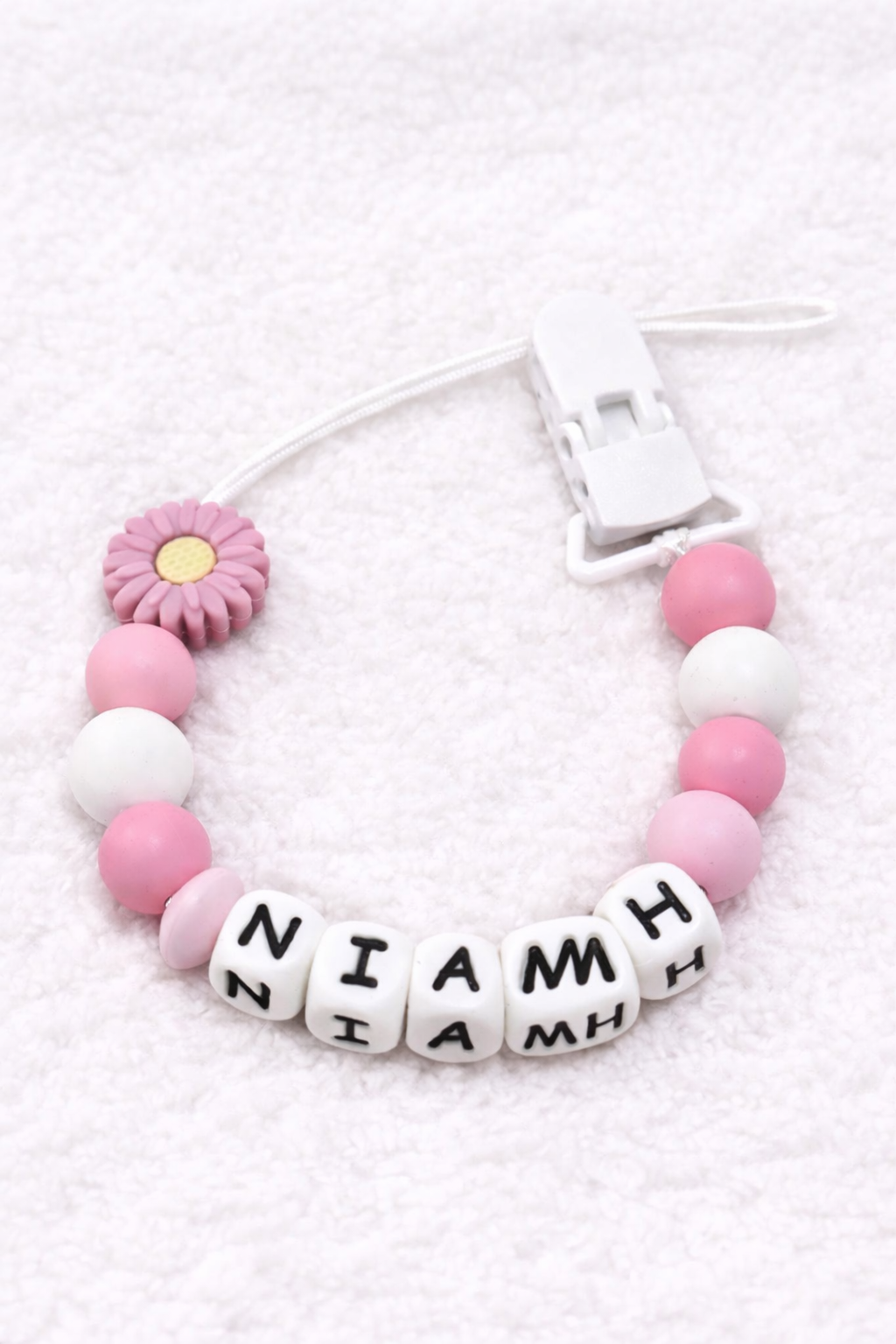 Personalised Pink & White Daisy Flower Dummy Clip (Silicone Letter Design)