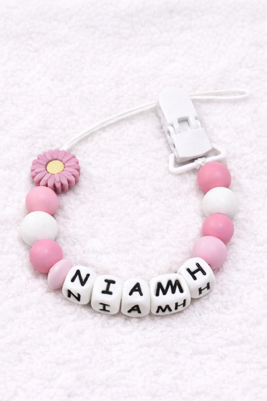 Personalised Pink & White Daisy Flower Dummy Clip (Silicone Letter Design)
