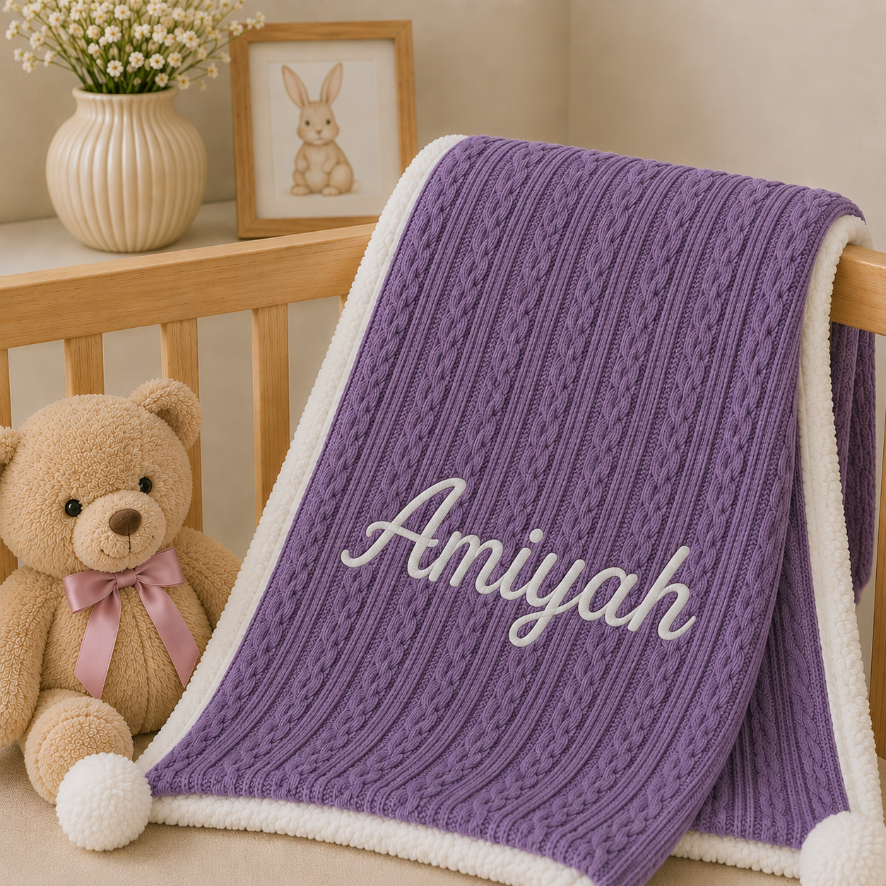 A purple cable-knit baby blanket with a white sherpa border and the name 'Amiyah' embroidered in white script, draped over a wooden crib next to a teddy bear and a bunny picture frame.