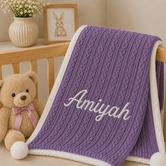 A purple cable-knit baby blanket with a white sherpa border and the name 'Amiyah' embroidered in white script, draped over a wooden crib next to a teddy bear and a bunny picture frame.