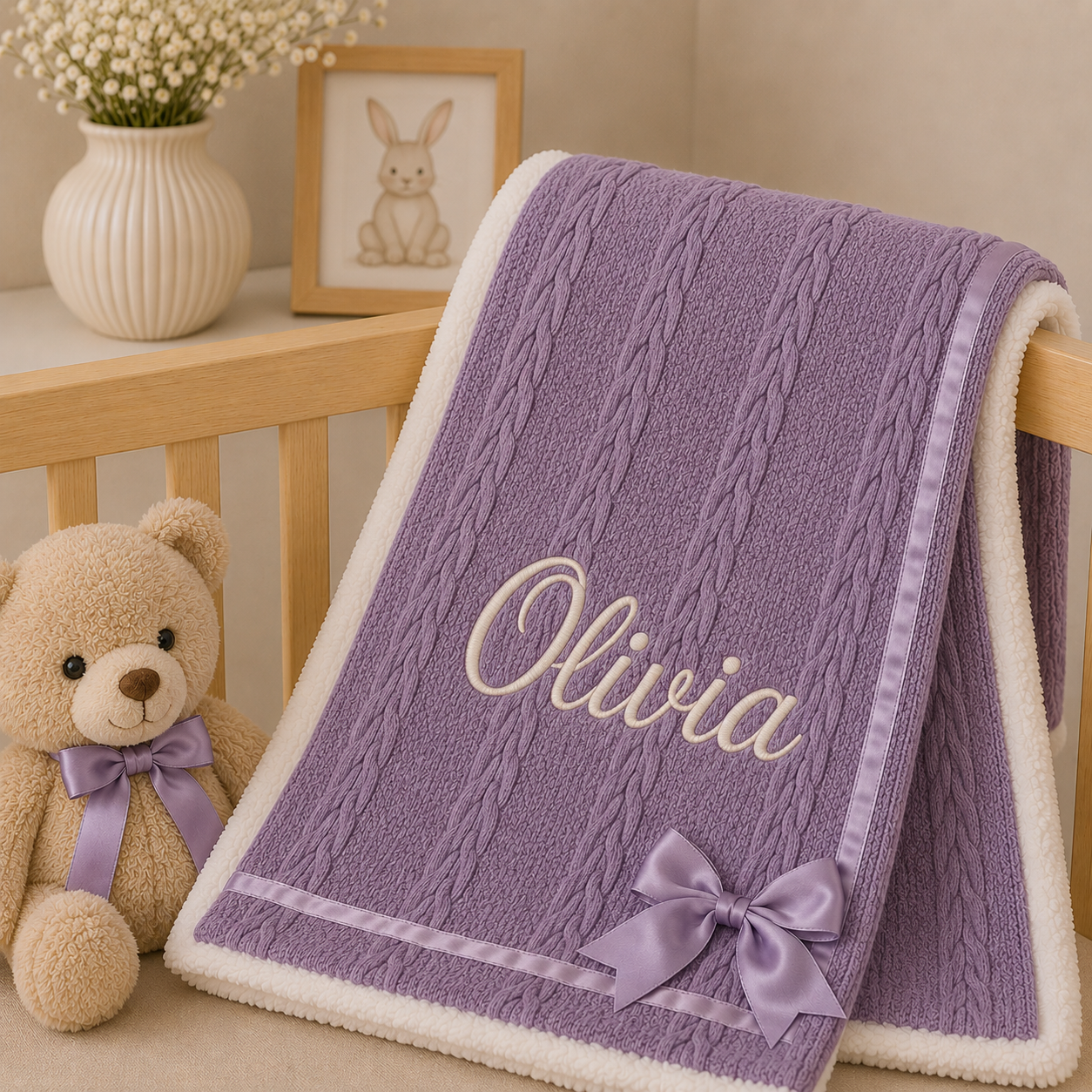 A personalized lavender purple cable-knit baby blanket with a white sherpa border, embroidered with the name 'Olivia' in cream, and finished with a matching satin bow. The blanket is draped over a light wood crib next to a plush teddy bear.