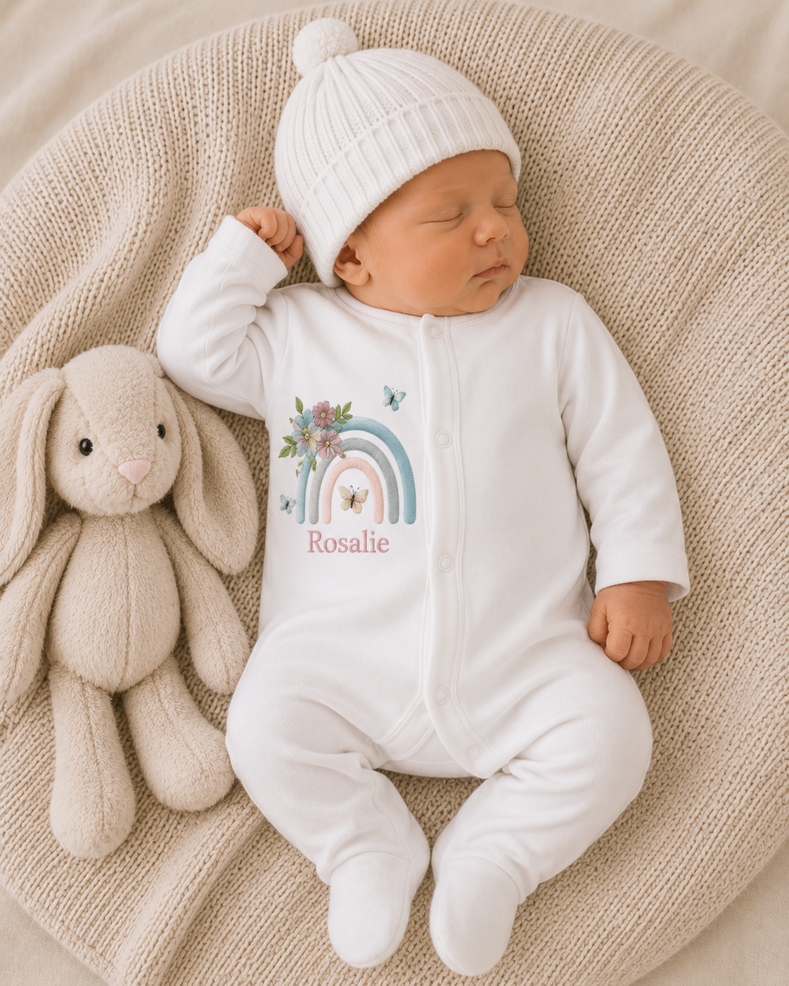 Newborn baby in a white onesie with rainbow design and 'Rosalie' name, next to a plush bunny toy on a beige blanket.