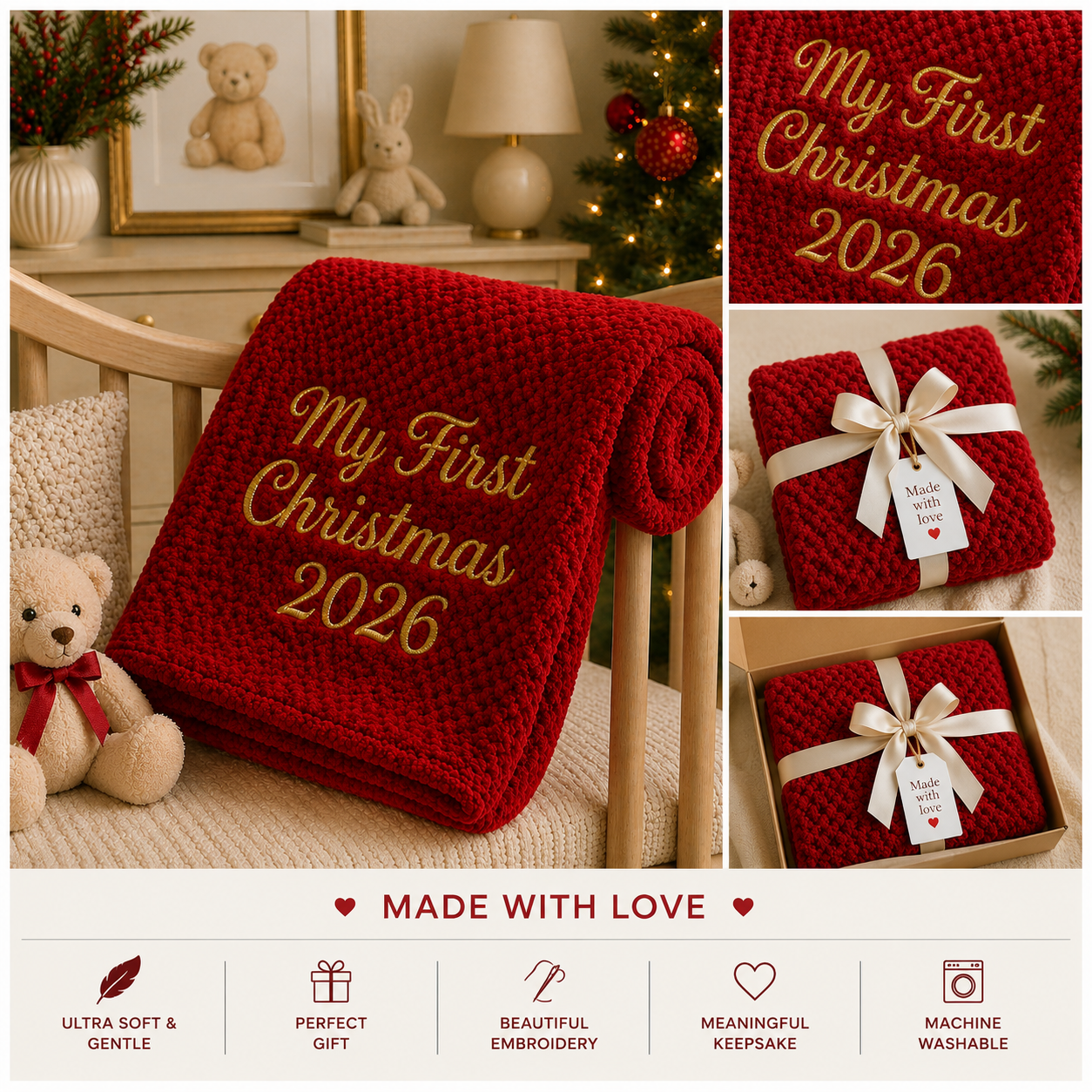 Premium personalised red bubble blanket embroidered with "my first christmas" in gold. Soft, cosy and beautifully presented with nursery, close-up embroidery and gift box lifestyle images. A meaningful keepsake gift for babies and proud Nanas.