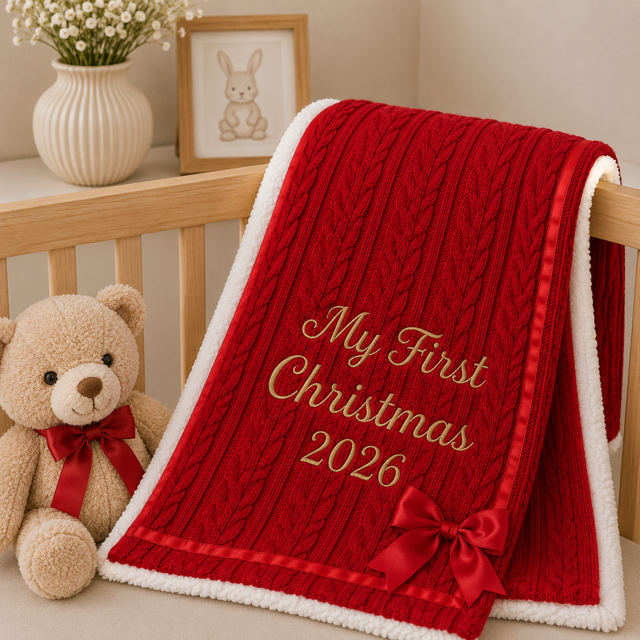 A red cable-knit baby blanket with a white sherpa border and gold embroidered text reading 'My First Christmas 2026,' draped over a wooden crib next to a teddy bear and a framed bunny picture.