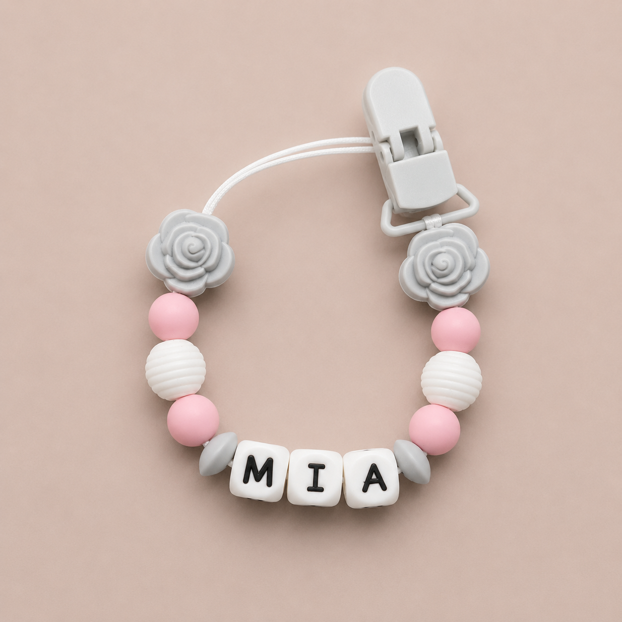 Personalised Grey Rose Flower Dummy Clip (Silicone Letter Design)