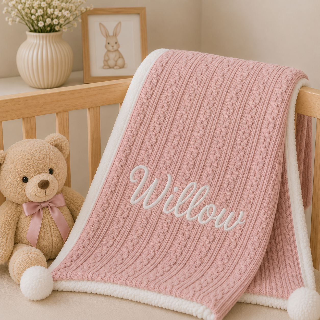 A pink cable-knit baby blanket with a white sherpa lining and the name 'Willow' embroidered in white script, draped over a wooden crib next to a teddy bear.