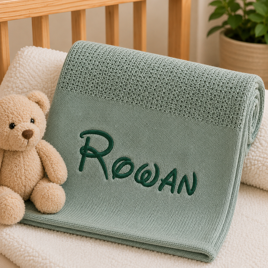 A personalized baby blanket in a dusty sage green color, rolled up and folded to show the name 'Rowan' embroidered in dark green script. The blanket is styled on a white fleece blanket next to a plush teddy bear, with a wooden crib and a potted plant in the background.