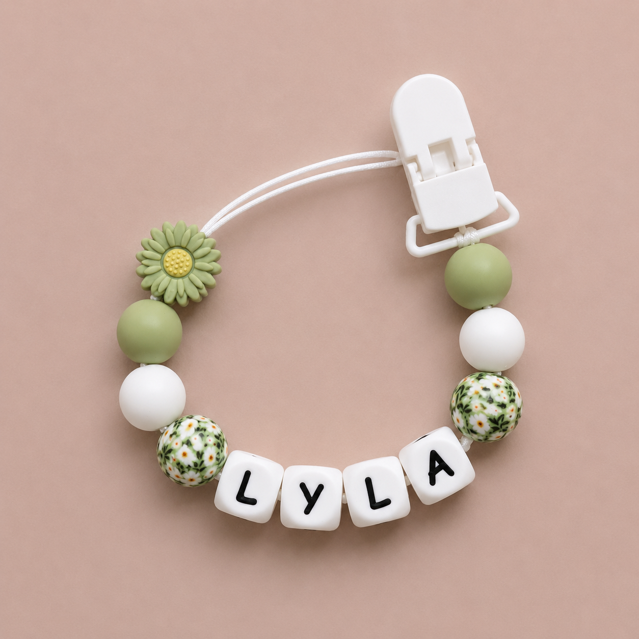 Personalised Sage Green Daisy Flower Dummy Clip (Silicone Letter Design)