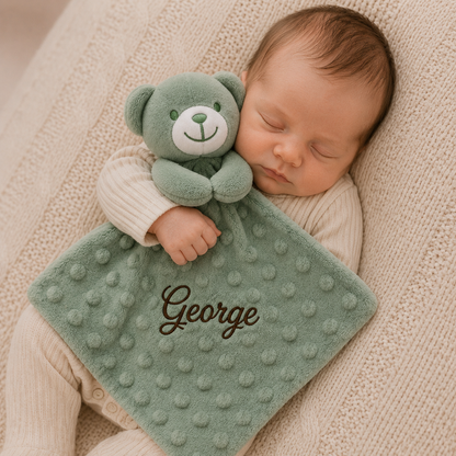 Newborn baby sleeping with a green teddy bear and personalized blanket on a beige surface