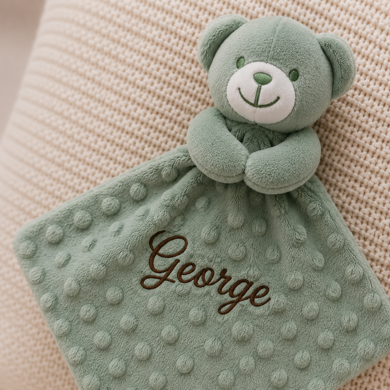 Green teddy bear with a blanket labeled 'George' on a beige background