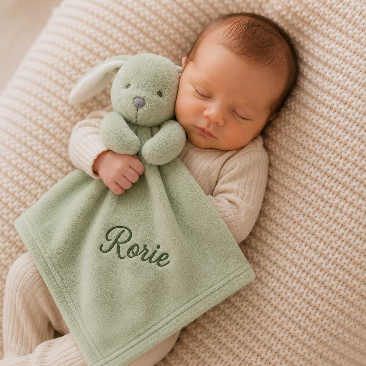 A sleeping newborn baby wearing cream ribbed footed pajamas, wrapped in a pale green security blanket with the name 'Rorie' embroidered in dark green, and holding a matching pale green plush bunny toy. The baby is lying on a textured cream knit blanket.