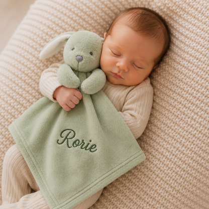 A sleeping newborn baby wearing cream ribbed footed pajamas, wrapped in a pale green security blanket with the name 'Rorie' embroidered in dark green, and holding a matching pale green plush bunny toy. The baby is lying on a textured cream knit blanket.