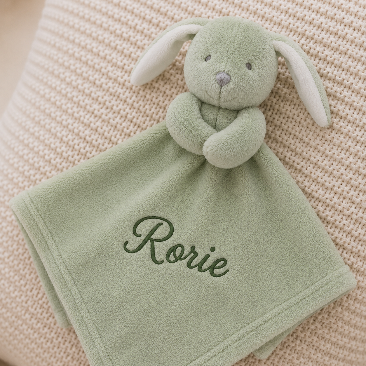 A personalized baby security blanket featuring a plush sage green bunny head attached to a matching soft square blanket. The blanket is embroidered with the name 'Rorie' in dark green script and is displayed on a textured cream knit blanket background.