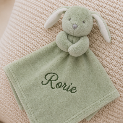 A personalized baby security blanket featuring a plush sage green bunny head attached to a matching soft square blanket. The blanket is embroidered with the name 'Rorie' in dark green script and is displayed on a textured cream knit blanket background.