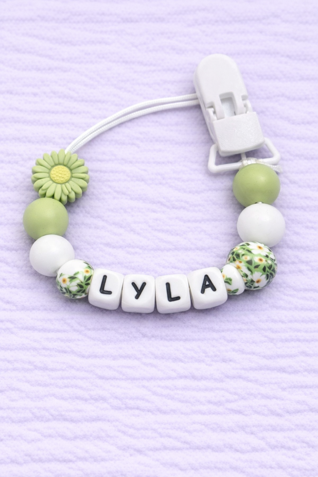 Personalised Sage Green Daisy Flower Dummy Clip (Silicone Letter Design)