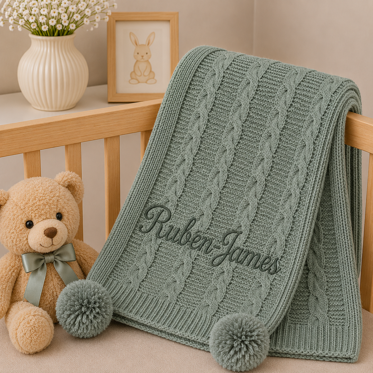 A personalized sage green cable-knit baby blanket with two pom-poms and the name 'Ruben-James' embroidered on the front, draped over a wooden crib next to a teddy bear and a small bunny picture frame.