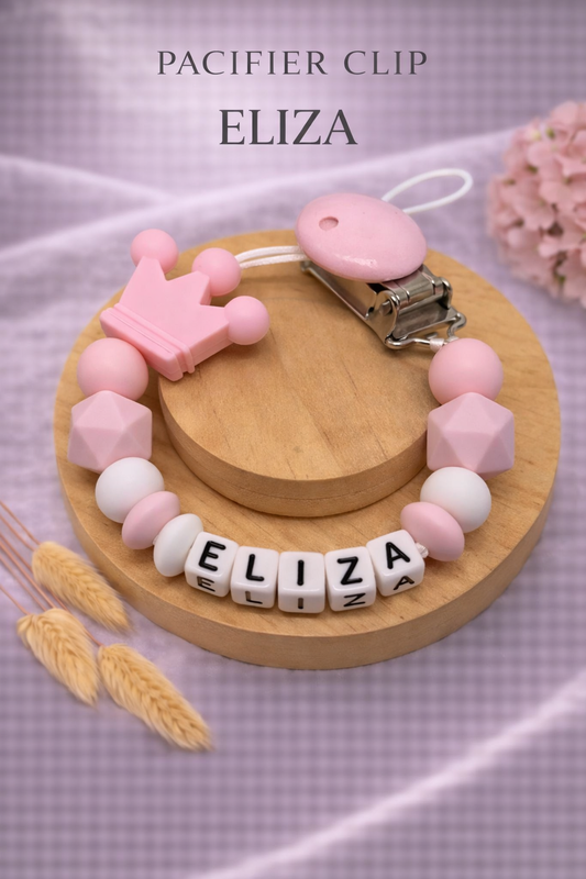 Personalised Soft Pink Crown Dummy Clip (Small Plastic Letter Design)