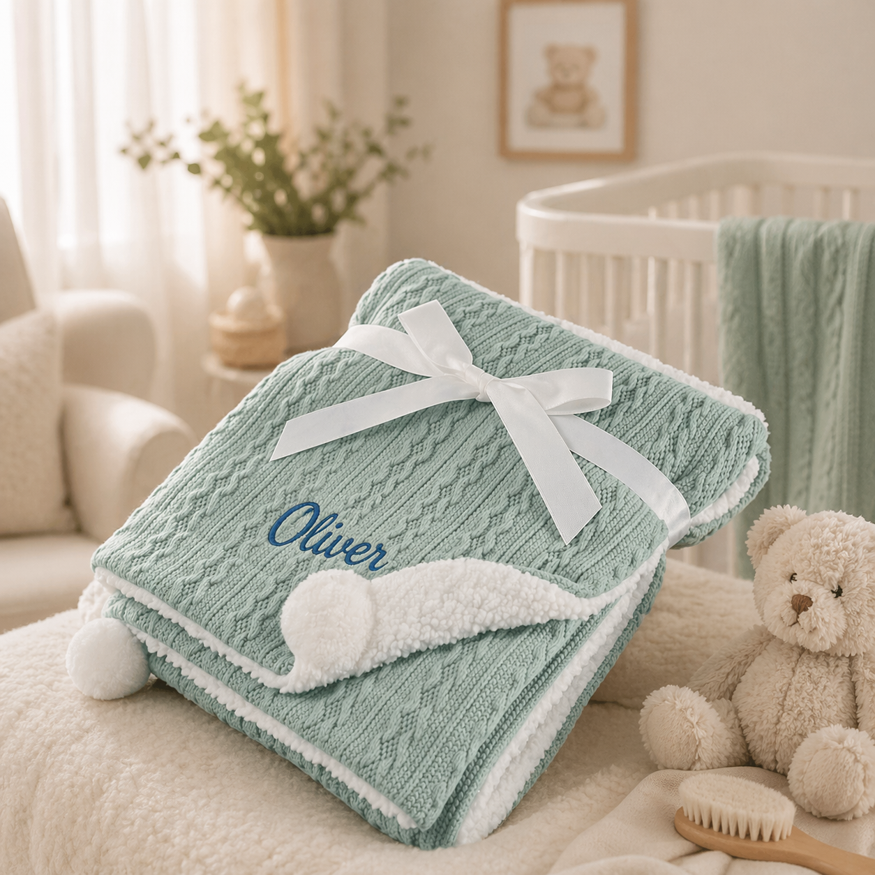 Green knitted blanket with a white bow and 'Oliver' embroidery, placed on a couch in a cozy room.