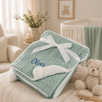 Green knitted blanket with a white bow and 'Oliver' embroidery, placed on a couch in a cozy room.