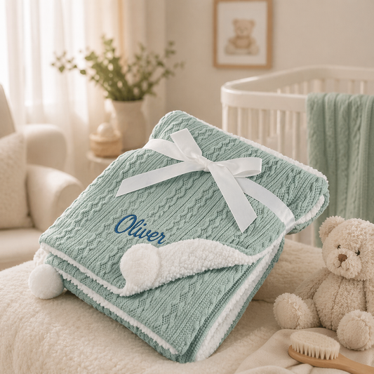 Green knitted blanket with a white bow and 'Oliver' embroidery, placed on a couch in a cozy room.