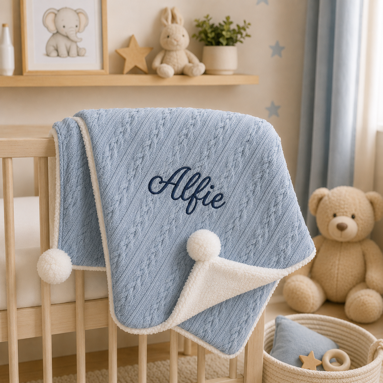 Personalised Spanish Baby Blanket | Cable Knit Pom Pom Sherpa - Dusty Blue | PREORDER
