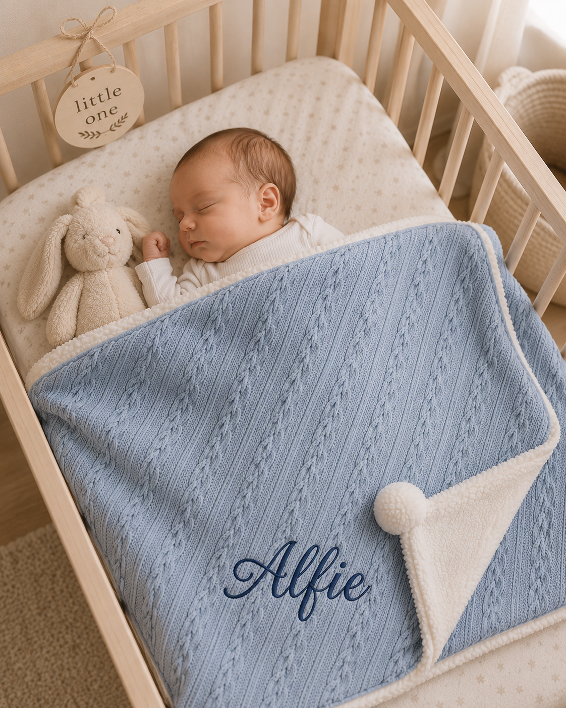 Personalised Spanish Baby Blanket | Cable Knit Pom Pom Sherpa - Dusty Blue | PREORDER