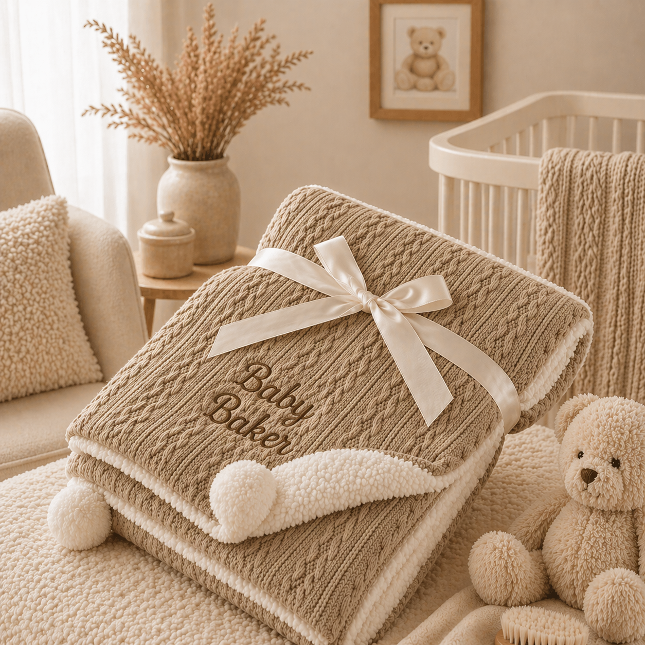 Beige baby blanket with 'Baby Baker' embroidery in a nursery setting.