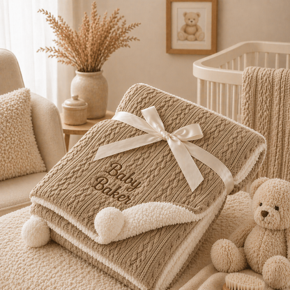 Beige baby blanket with 'Baby Baker' embroidery in a nursery setting.