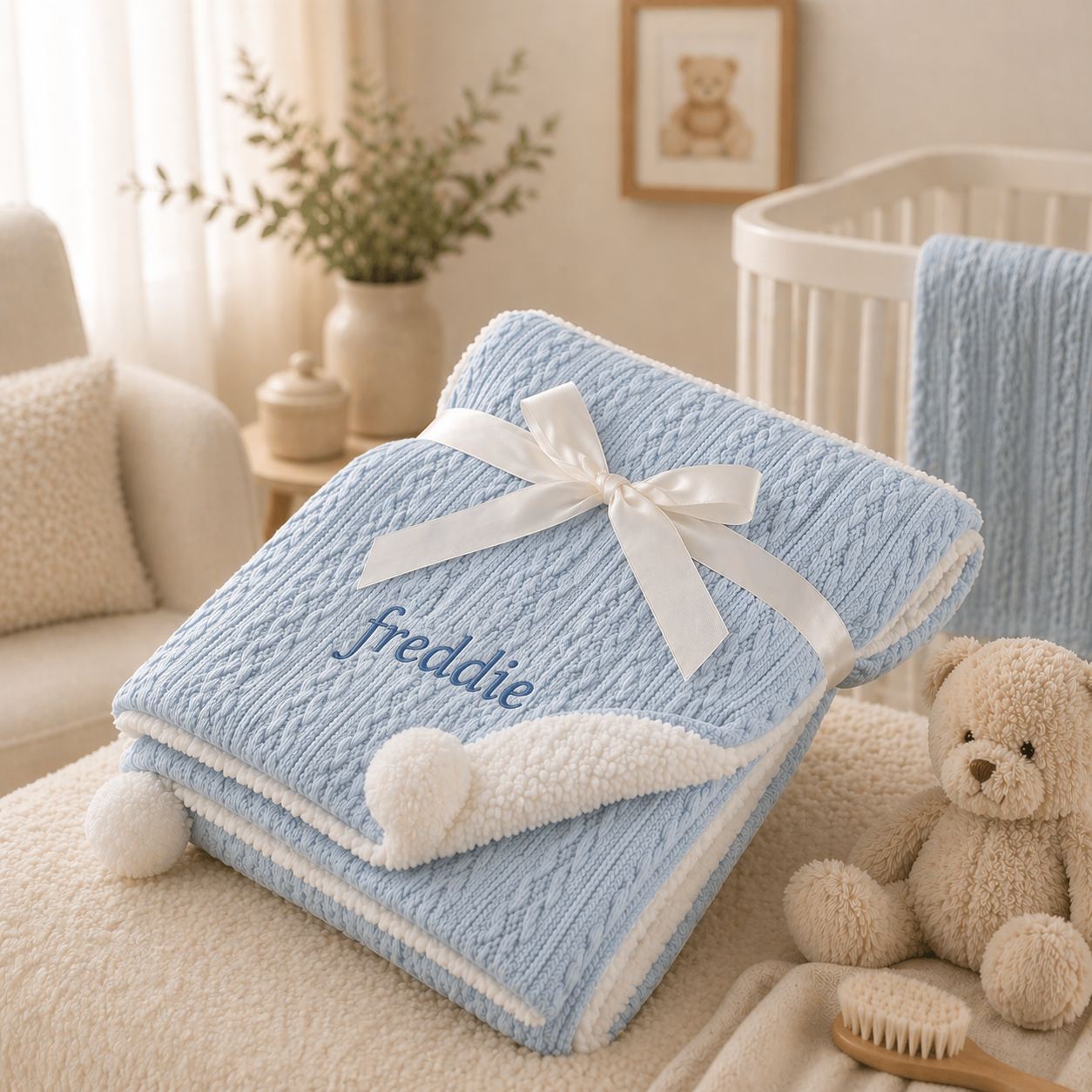 Blue baby blanket with white trim and embroidered name 'freddie' on a beige couch, surrounded by teddy bear and nursery decor.