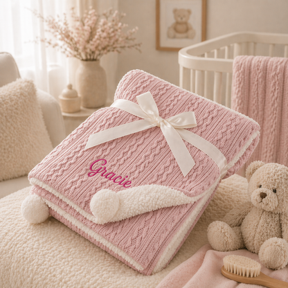 Pink cable knit blanket with a bow and embroidered name, placed on a couch in a cozy room.