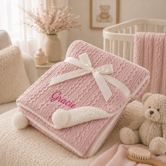 Pink cable knit blanket with a bow and embroidered name, placed on a couch in a cozy room.