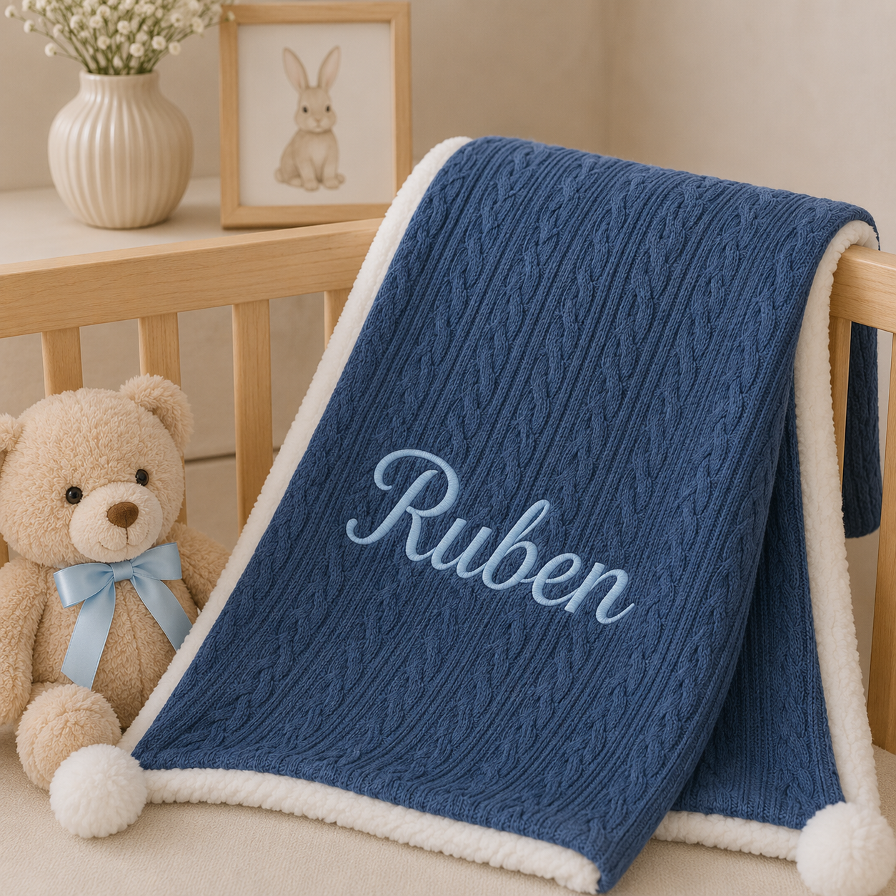 A personalized baby blanket draped over a wooden crib, featuring a blue cable-knit pattern, a white sherpa fleece border, and the name 'Ruben' embroidered in light blue script. A plush teddy bear with a light blue bow tie sits to the left, and a small framed bunny picture and vase of flowers are in the background.
