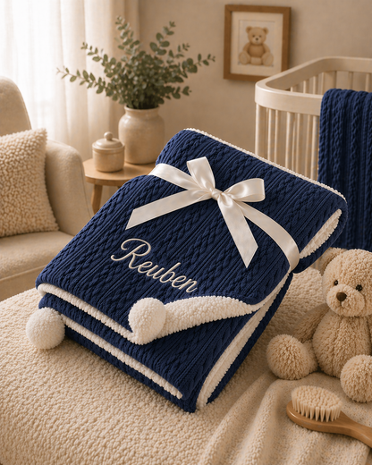 Navy blue textured blanket with white trim and 'Reuben' embroidery, placed on a beige couch in a cozy room.