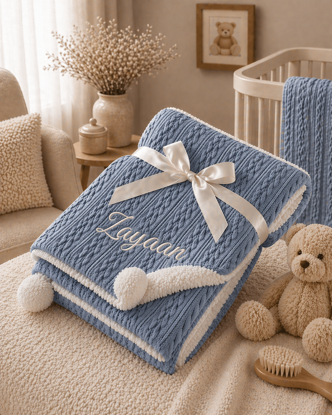 Blue textured blanket with a white bow and embroidered name, placed on a beige surface with a teddy bear and crib in the background.