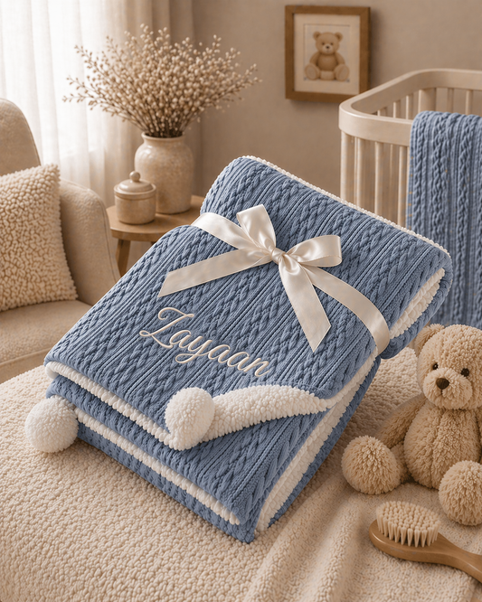 Blue textured blanket with a white bow and embroidered name, placed on a beige surface with a teddy bear and crib in the background.