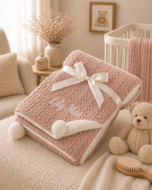 Pink textured blanket with a white bow and embroidered name, surrounded by teddy bear and baby care items in a nursery.