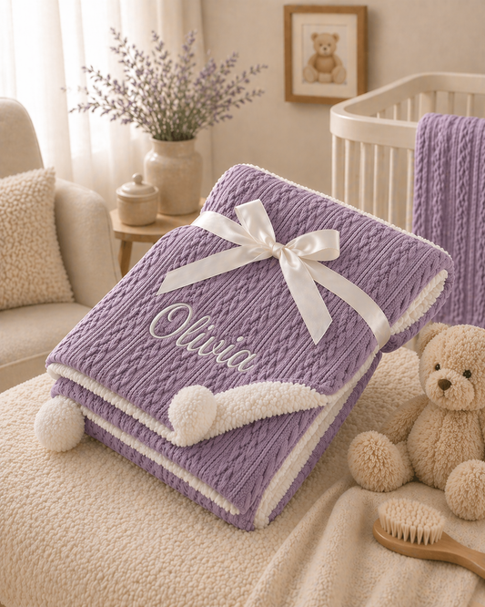 Purple baby blanket with a white bow and embroidered name 'Olivia' in a nursery setting.