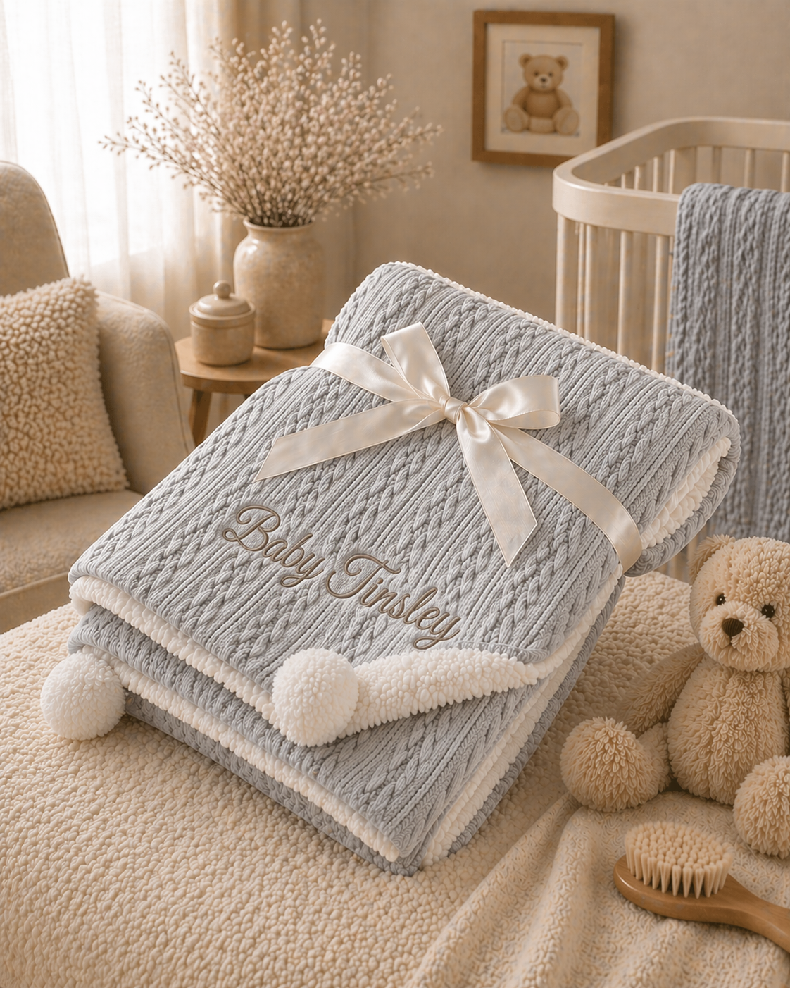 Fluffy gray baby blanket with a white bow and embroidered name, placed on a soft surface with teddy bear and crib in the background.