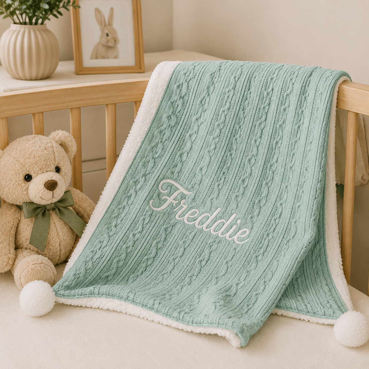 A mint green cable-knit baby blanket with a white sherpa lining and white pom-poms, personalized with the name 'Freddie' in white script. The blanket is draped over a light wood crib next to a teddy bear.